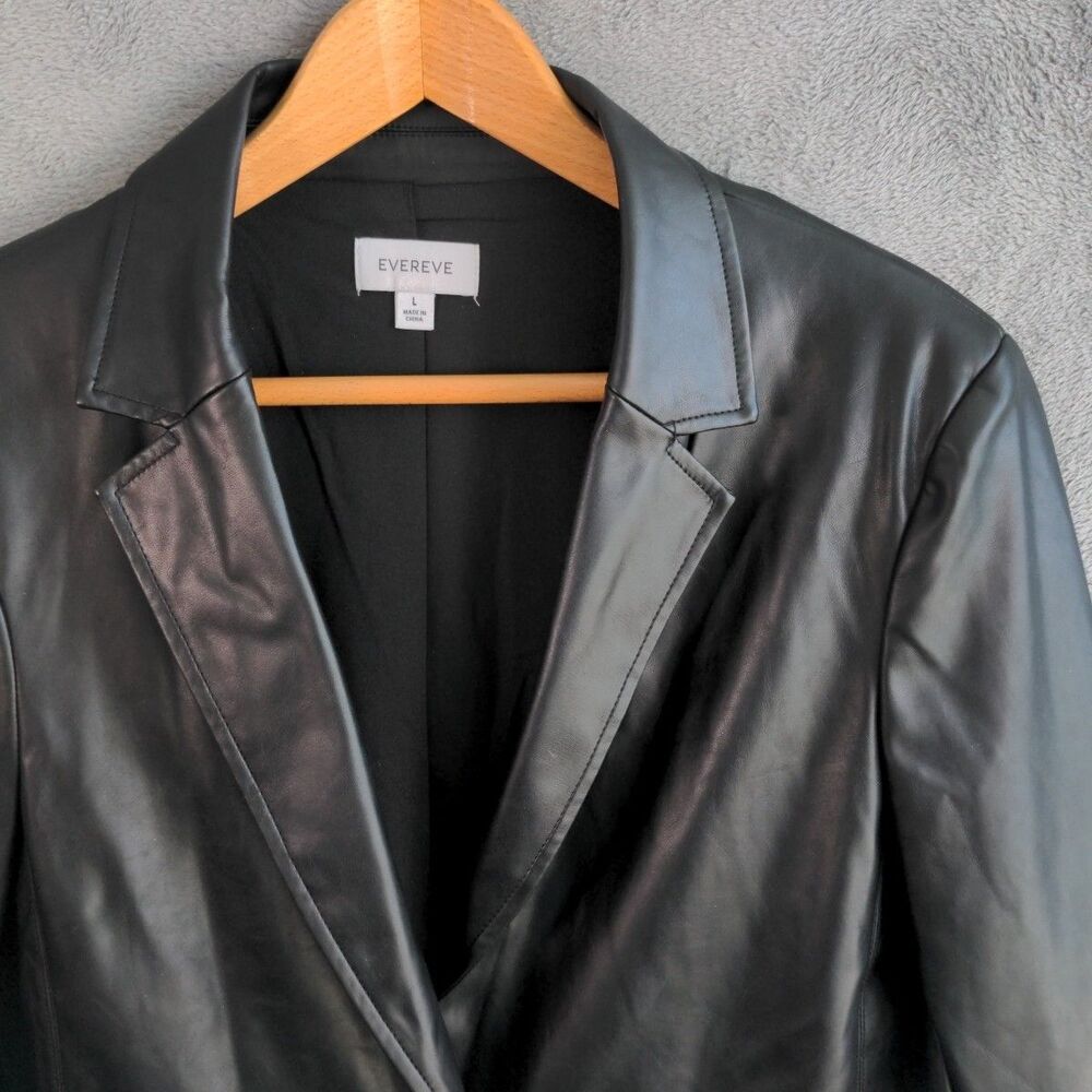 EVEREVE Perry St. Faux Leather Blazer Jacket Size L Black Lined Vegan Classic - Picture 2 of 10